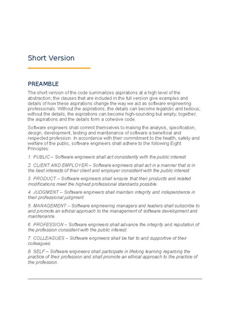 IEEE CODE OF Ethics - Short Version PREAMBLE The short version of the ...