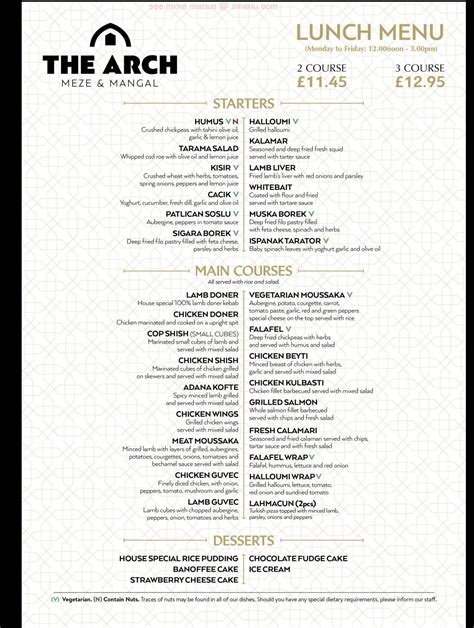 Menu at The Arch Restaurant, Borehamwood, 191-195 Shenley Rd