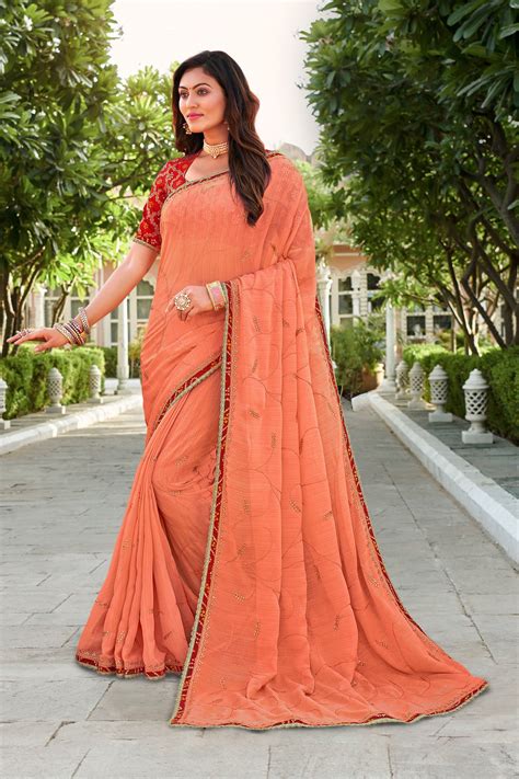Laxmipati Falooda Floral Embroidered Chiffon Saree in Peach Color with ...