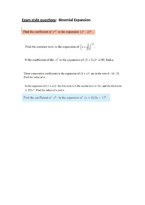Binomial Expansion Exam Style Questions Worksheet - Studocu