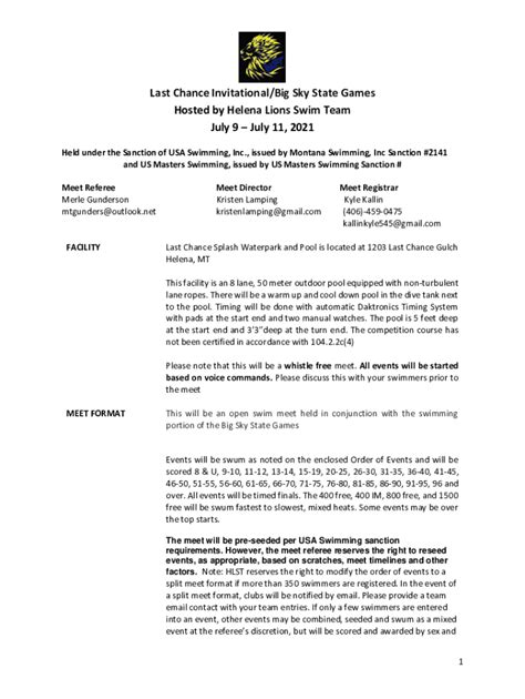 Fillable Online Swimming - Big Sky State Games Fax Email Print - pdfFiller
