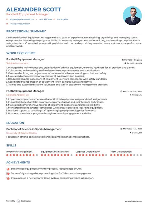 10+ Football Equipment Manager Resume Samples & Templates for 2025