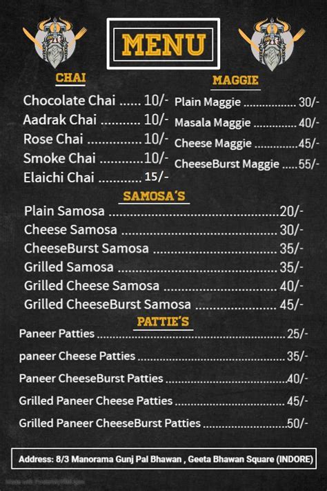 Menu at The Viking's cafe, Indore