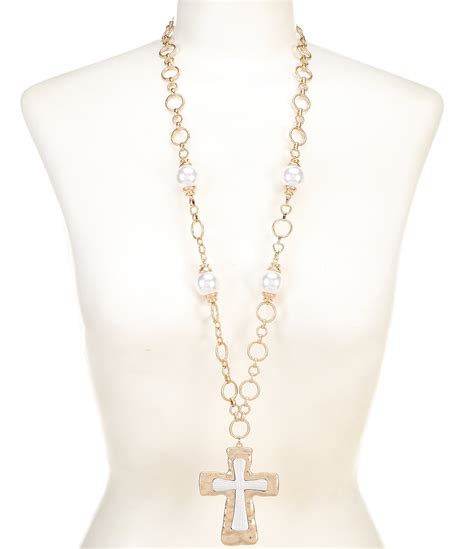 Southern Living Two Tone Cross Pendant Pearl Long Strand Necklace ...