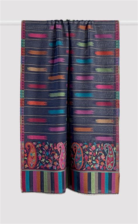 Midnight Blue Ikat Kani Stole | Fine Wool Stole | Kani Embroidered ...