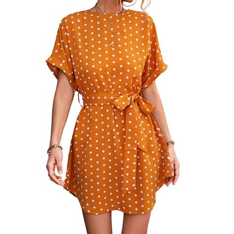 Women's Short Sleeve Polka Dot Mini Dress with Waist Tie Belt and ...