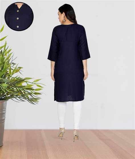Fabclub Women Rayon Solid Plain Front Slit Straight Kurti (Navy Blue ...