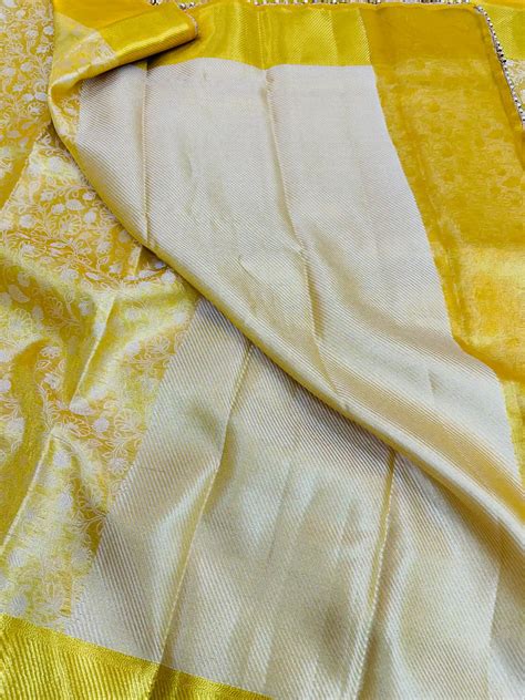 Light Golden Kanjeevaram Tissue Silk Moti Less Attached Banarasi Saree ...