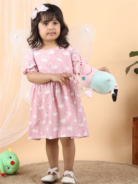 Polka Tots Halfsleeves Swan print frock with headband - Pink – PolkaTots.in