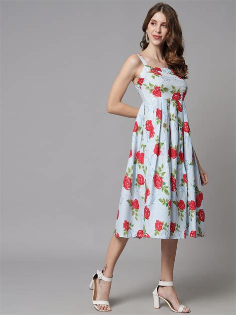 Emeros Women Blue & Cinder Floral Printed Square -Neck Front Pleates ...