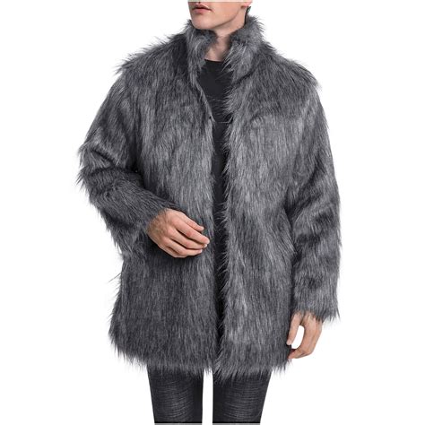 ZVNAΖH Mens Faux Fur Coat Long Winter Thicker Furry Overcoat Stand ...