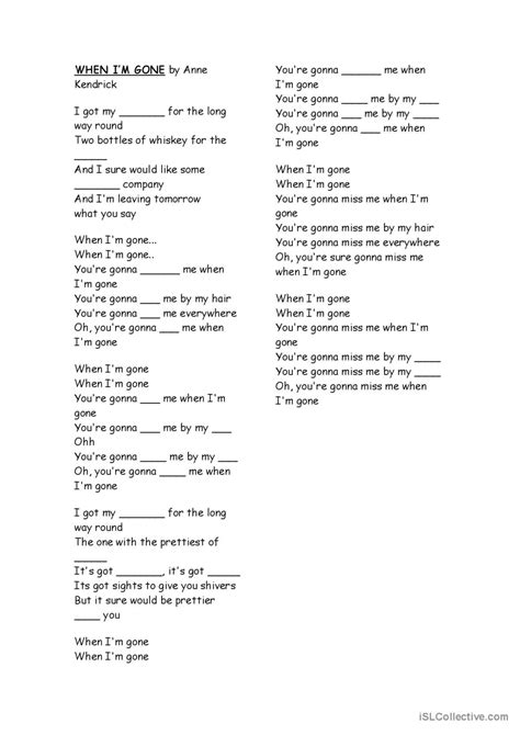 When Im gone song and nursery rhyme…: English ESL worksheets pdf & doc