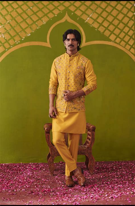 Buy Mustard Hand Embroidered Waistcoat Kurta Set for Men Online in ...
