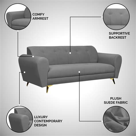 Milan Icon 3 Seater Sofa- ( Plush Suede Fabric- Grey ) – Seventh Heaven