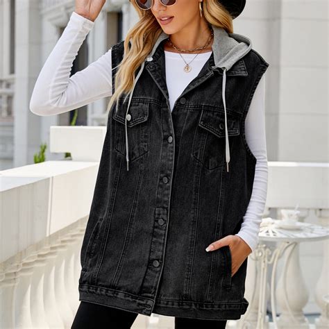 Lolmot Womens Distressed Sleeveless Hooded Denim Jacket Jean Vest ...