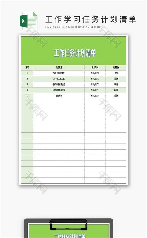 工作学习任务计划清单Excel模板_千库网(excelID：112871)
