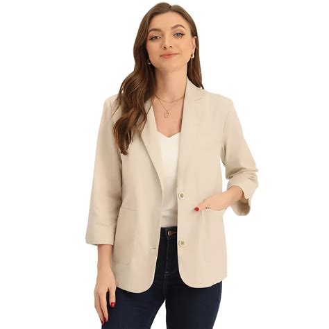 Linen Blazer For Women's Notched Lapel Collar 3/4 Sleeve Causal Suit Jacket