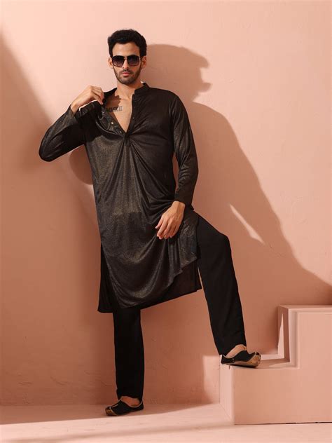 Black Gold Knit Kurta with Gold Buttons – Swtantra