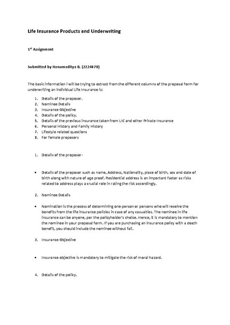 B 2224079 Life Insurance Underwriting Assignment Analysis - Studocu
