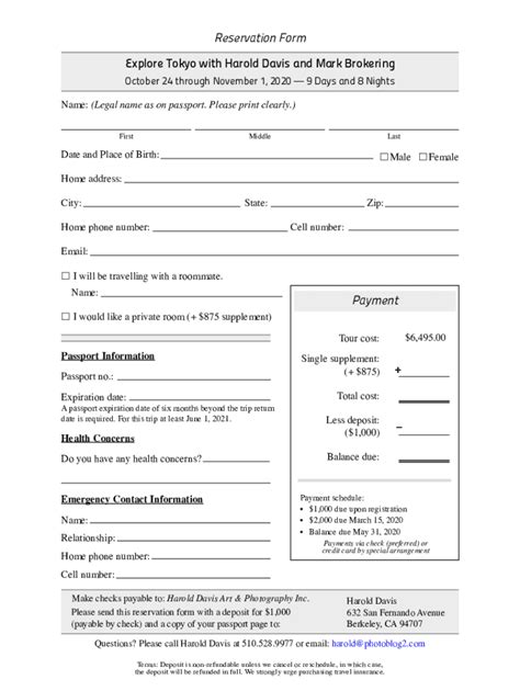 Fillable Online Reservation Form Explore Tokyo with Harold Davis and ...