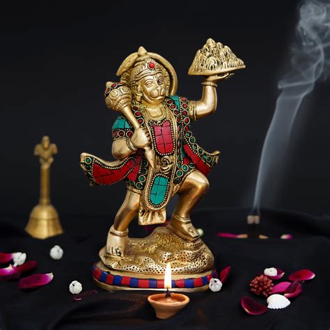 Colorful Lord Hanuman carrying Sanjeevani Mountain Handcrafted Brass ...