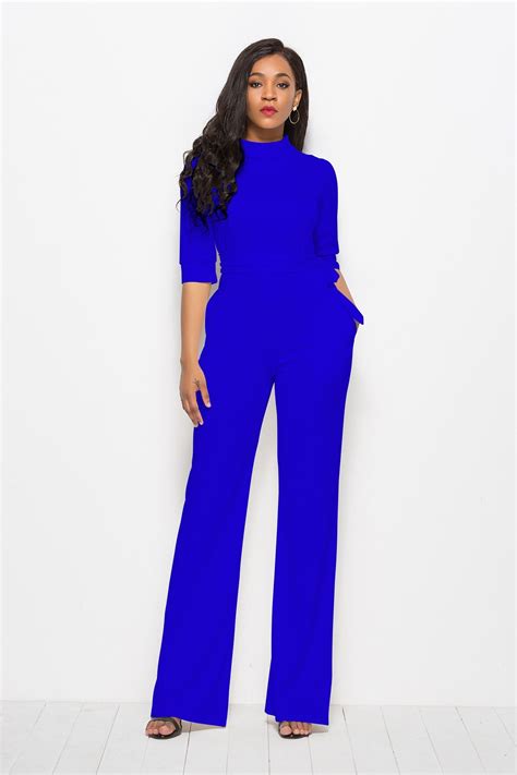 Classic Turn Down Collar Half Sleeve Royal Blue Bodysuit Formal ...