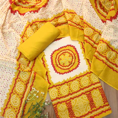 Kaash Sunflower Yellow Morti Work Bandhani Printed Jam Cotton Suit Set ...