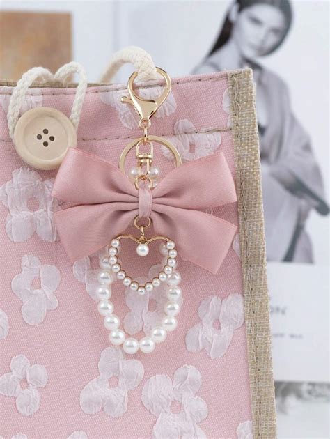1pc Lovely Bow Tie & Heart Shaped Pearl Bag Pendant Charm, Faux Pearl ...