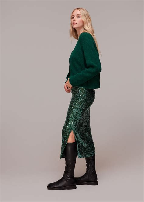 Dark Green Sequin Column Skirt | WHISTLES | Whistles UK