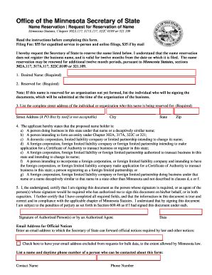 Office Of The Minnesota Secretary Of State Name Reservation Request For ...