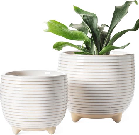 LE TAUCI Pack of 2 Ceramic Flower Pots with Feet, 12 + 16 cm Diameter ...