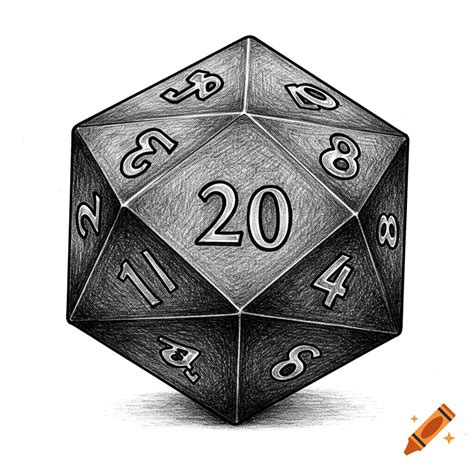 Black and white sketch of a 20-sided role-playing game die showing the ...