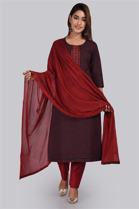 Black Easy Stitch Suit Set Kurta, Bottom, Dupatta at Biba India