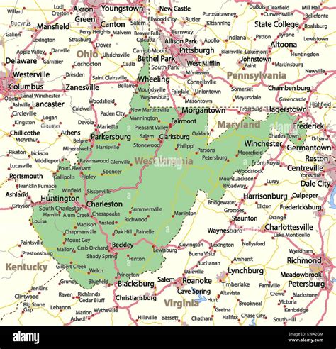 Map of West Virginia. Shows country borders, urban areas, place names ...