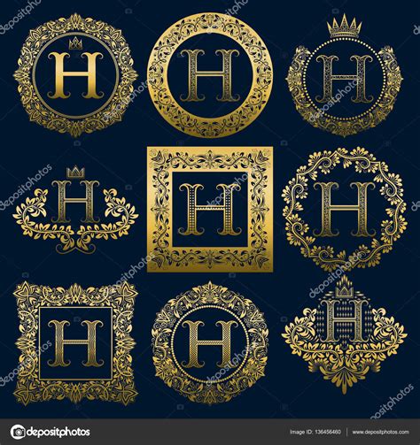 Vintage monograms set of H letter. Golden heraldic logos in wreaths, round and square frames ...