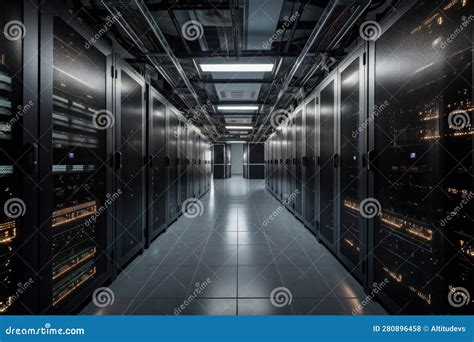 Data Center with Floor-to-ceiling Racks of Servers and Blinking Lights ...