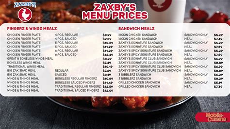 Zaxby's Menu With Prices 2023 With Pictures Printable