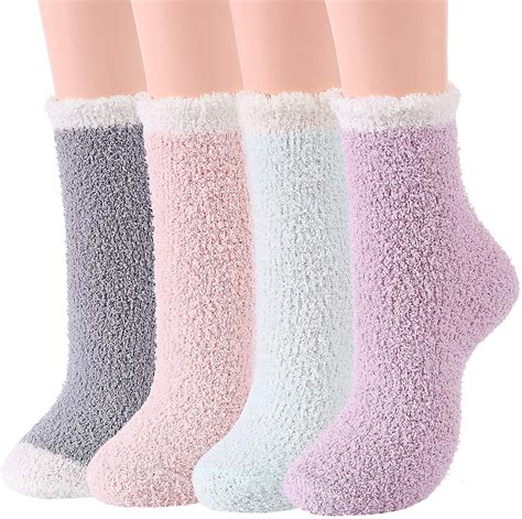 Zando Womens Fuzzy Winter Slipper Socks, Cozy Crew Fluffy Socks 4Pairs ...