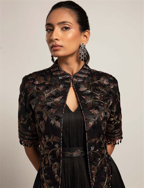 Black Gathered Gown with Embellished Jacket – Sejal Kamdar Designs