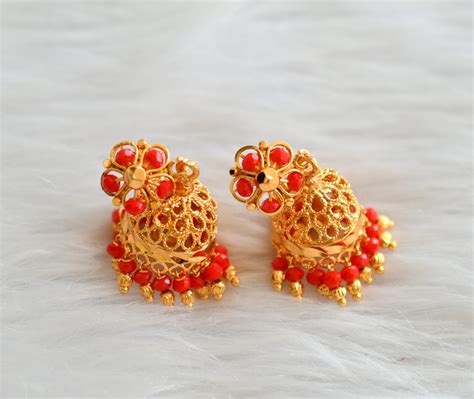 Gold tone kerala style red beaded jhumkka dj-43187 – dreamjwell