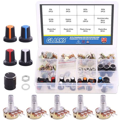 Glarks 50Pcs B5K B10K B20K B50K B100K Ohm Knurled Shaft Linear Rotary ...