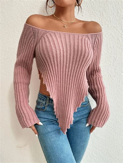 SHEIN Privé Off Shoulder Bandana Hem Raglan Sleeve Sweater | SHEIN USA