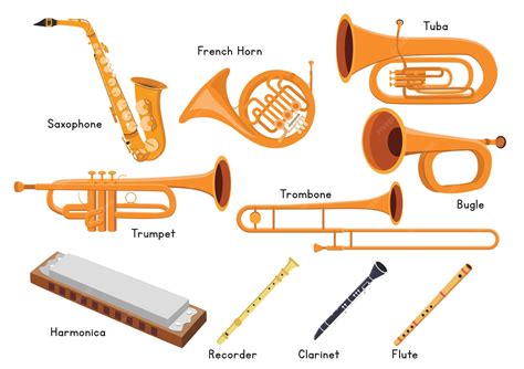 Set of wind musical instruments vector design. saxophone, trumpet ...