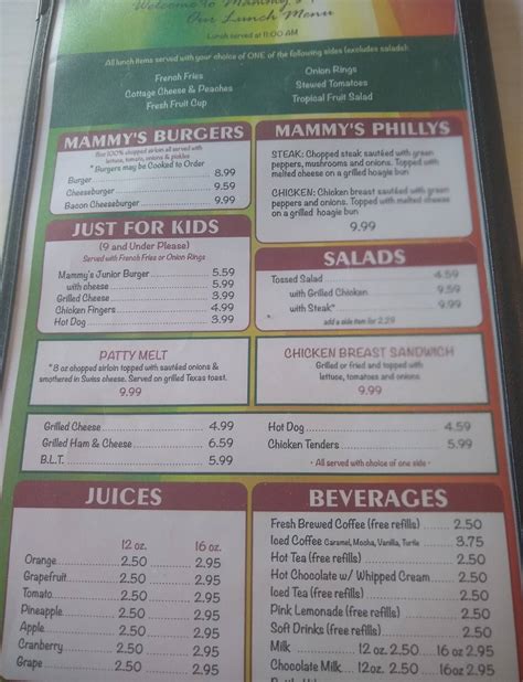 Menu at Mammy's Kitchen restaurant, Myrtle Beach, N Kings Hwy