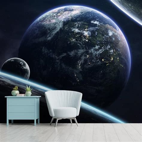 Earth and Moon Space Theme Wallpaper for Walls and Ceiling, Blue ...