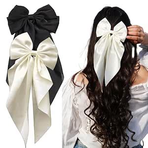 ChicTresses® 2 Pack Black and Off White Hair Bows - Bow Clips for Women ...