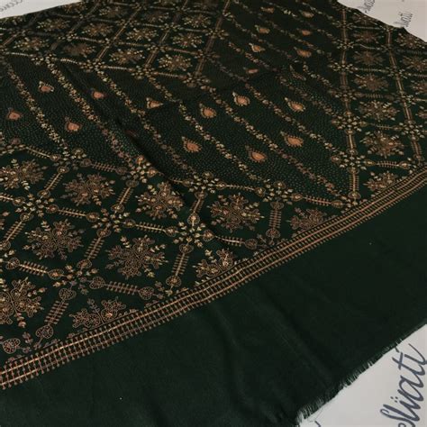 Hand embroidered Green Pashmina Shawl with printed pattern - Swati Shawls