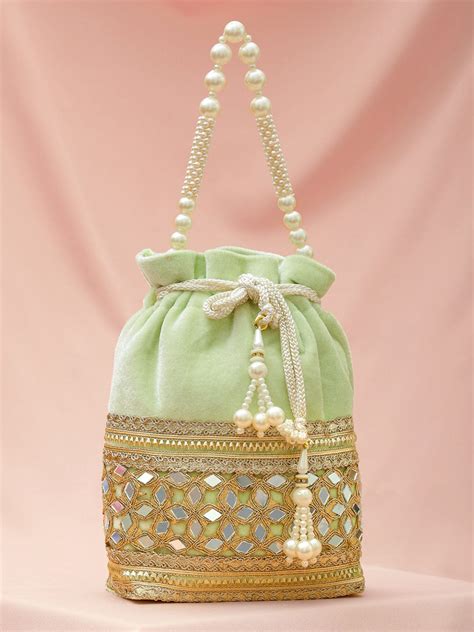 Rubans Pastel Mint Green Velvet Potli Bag with Pearl Handle, Mirror Em