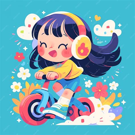 A aurora girl rides a kickbike in cartoon style | Premium AI-generated ...