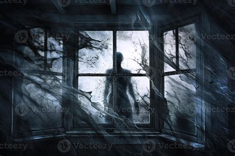 A translucent Ghost in the window of an old house, in the style of ...